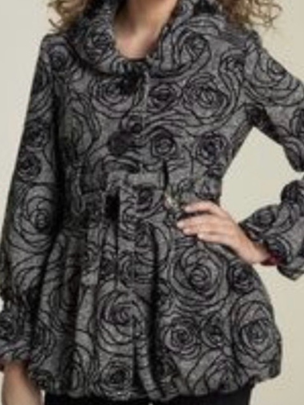 Betsey Johnson Vintage Rose Floral Jacquard Peplum Moto Coat Jacket Black Gray